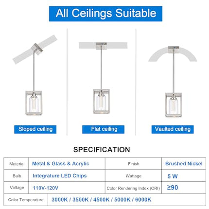 MELUCEE LED Pendant Lights Modern Pendant Lighting Brushed Nickel with Crystal Bubble Glass, 5 CCT Dimmable Hanging Ceiling Lamps for Kitchen Island Dining Room, Built-in LED Chips, Adjustable Height