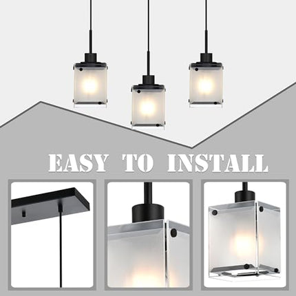 MELUCEE 3-Light Dining Room Light Fixtures Hanging Contemporary Linear Chandeliers for Dining Room Hallway with Rectangular Frosted Glass Shade
