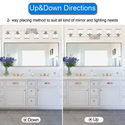 MELUCEE 6-Light Bathroom Vanity Light, Industrial Wall Lights in Brushed Nickel Finish with Rectangular Clear Glass Shade
