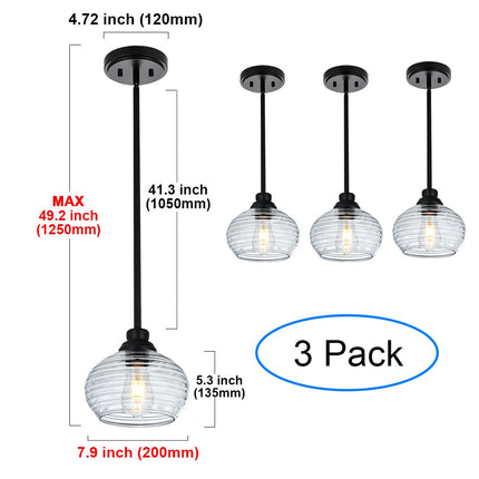 MELUCEE 3 Pack Pendant Lights Kitchen Island with Clear Water Ripple Glass, Modern Mini Chandeliers 1-Light Hanging Ceiling Light for Dining Room Bedroom Hallway, Adjustable Height