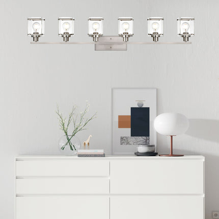 MELUCEE 6-Light Bathroom Vanity Light, Industrial Wall Lights in Brushed Nickel Finish with Rectangular Clear Glass Shade
