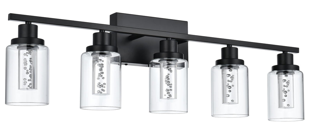 MELUCEE LED Bathroom Vanity Light 5-Light Dimmable Bathroom Light Bar 5CCT Modern Black Vanity Lighting Fixtures with Crystal Bubble Clear Glass Shade, Built-in LED Chips