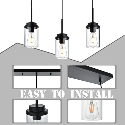 MELUCEE 3 Lights Linear Chandelier Black Finish Kitchen Pendant Lighting Over Island Dining Room Light Fixtures Ceiling Hanging Lamp with Clear Glass Shade, 20.5 Inches Length