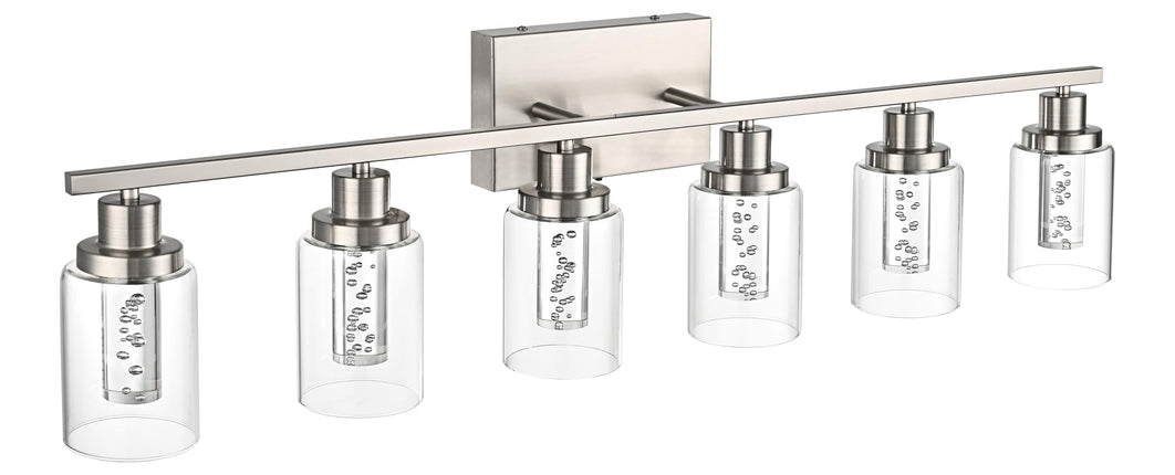 MELUCEE 6-Light LED Bathroom Vanity Light, Modern Brushed Nickel Bathroom Light Bar with Crystal Bubble Clear Glass Shade, Dimmable Bathroom Wall Sconce Lamp 3000K-6000K, Built-in LED Chips