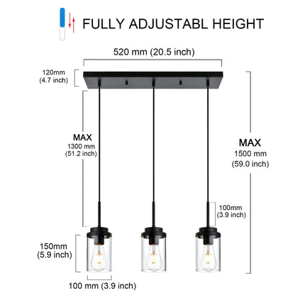 MELUCEE 3 Lights Linear Chandelier Black Finish Kitchen Pendant Lighting Over Island Dining Room Light Fixtures Ceiling Hanging Lamp with Clear Glass Shade, 20.5 Inches Length