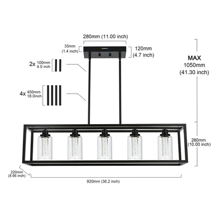 MELUCEE Dining Room Light Fixtures Over Table, 5 Light Black Kitchen Island Lighting LED Pendant Light, Linear Bubble Crystal Chandelier with Clear Glass, Built in LED chips 5-Color Temperature Adjust