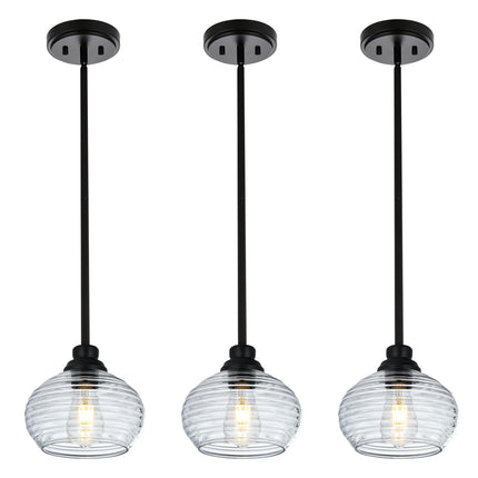 MELUCEE 3 Pack Pendant Lights Kitchen Island with Clear Water Ripple Glass, Modern Mini Chandeliers 1-Light Hanging Ceiling Light for Dining Room Bedroom Hallway, Adjustable Height