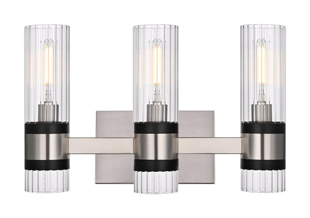 MELUCEE 3-Light Bathroom Light Fixtures Brushed Nickel with Ribbed Clear Glass Shade for Kitchen Bedroom Hallway, E12 Base