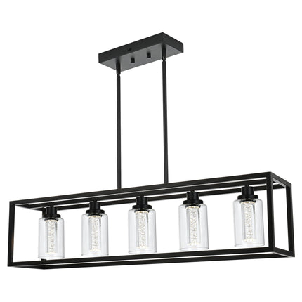 MELUCEE Dining Room Light Fixtures Over Table, 5 Light Black Kitchen Island Lighting LED Pendant Light, Linear Bubble Crystal Chandelier with Clear Glass, Built in LED chips 5-Color Temperature Adjust