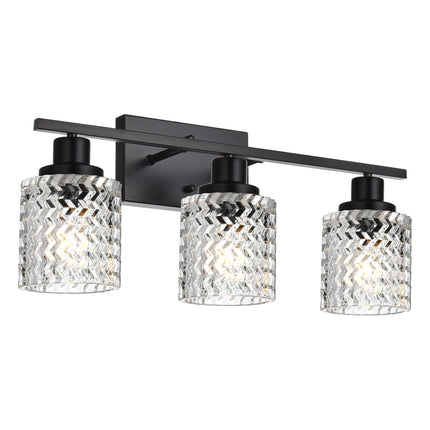 MELUCEE 3 Lights Modern Bathroom Light Fixtures Black Vanity Lights Indoor Wall Mounted Light with Hammered Glass Shade Suitable for Bathroom Living Room Hallway