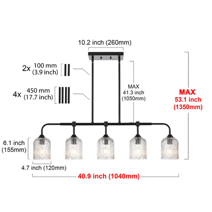 MELUCEE Kitchen Island Lighting Pendant Lights with Crackled Glass Shade, 5-Light Black Dining Room Lights Over Table Pool Table Light Hanging Linear Chandelier for Dining Room Kitchen Island