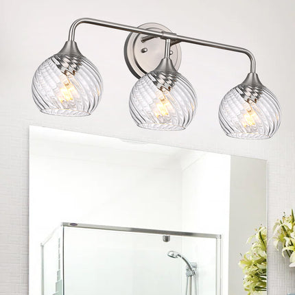MELUCEE 3 Lights Modern Vanity Lights Over Mirror, Brushed Nickel Bathroom Lighting Fixtures with Clear Striped Swirl Glass Shade, Metal Wall Mount Lamp for Mirror, Bathroom Living Room Workshop