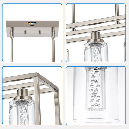 MELUCEE Linear Kitchen Island Lighting Brushed Nickel Led Bubble Crystal Chandeliers for Dining Room, 5 Lights Large Led Pendant Lights with Clear Glass, Built in LED Chips 5-Color Temperature Adjust