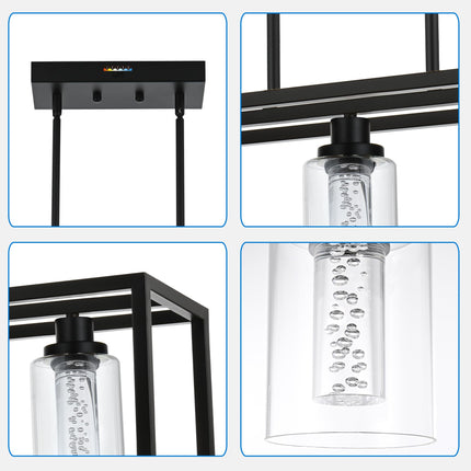 MELUCEE Dining Room Light Fixtures Over Table, 5 Light Black Kitchen Island Lighting LED Pendant Light, Linear Bubble Crystal Chandelier with Clear Glass, Built in LED chips 5-Color Temperature Adjust