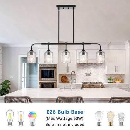 MELUCEE Kitchen Island Lighting Pendant Lights with Crackled Glass Shade, 5-Light Black Dining Room Lights Over Table Pool Table Light Hanging Linear Chandelier for Dining Room Kitchen Island