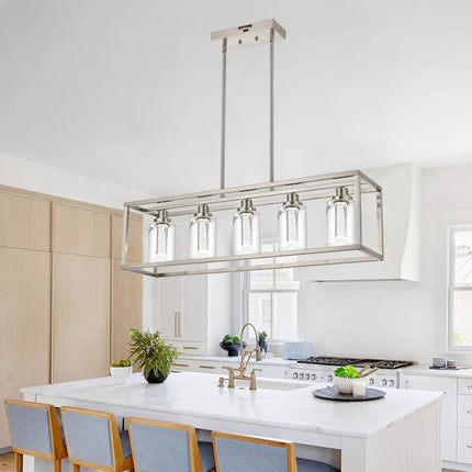 MELUCEE Linear Kitchen Island Lighting Brushed Nickel Led Bubble Crystal Chandeliers for Dining Room, 5 Lights Large Led Pendant Lights with Clear Glass, Built in LED Chips 5-Color Temperature Adjust