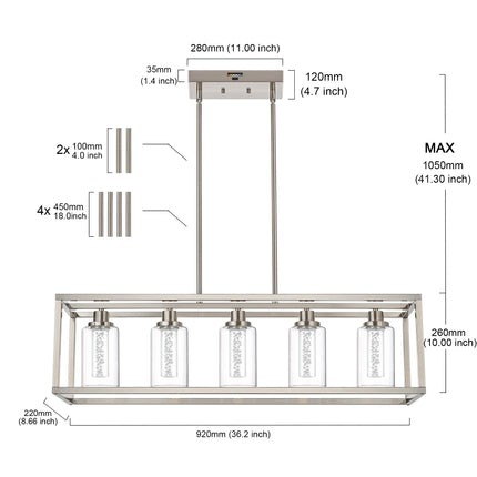 MELUCEE Linear Kitchen Island Lighting Brushed Nickel Led Bubble Crystal Chandeliers for Dining Room, 5 Lights Large Led Pendant Lights with Clear Glass, Built in LED Chips 5-Color Temperature Adjust