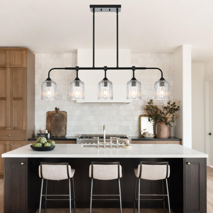 MELUCEE Kitchen Island Lighting Pendant Lights with Crackled Glass Shade, 5-Light Black Dining Room Lights Over Table Pool Table Light Hanging Linear Chandelier for Dining Room Kitchen Island