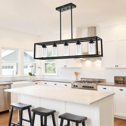 MELUCEE Dining Room Light Fixtures Over Table, 5 Light Black Kitchen Island Lighting LED Pendant Light, Linear Bubble Crystal Chandelier with Clear Glass, Built in LED chips 5-Color Temperature Adjust