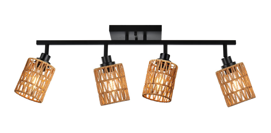 MELUCEE 4 Light Black Ceiling Spotlight Fixture Farmhouse Bathroom Light Fixtures with Rattan Lamp Shade