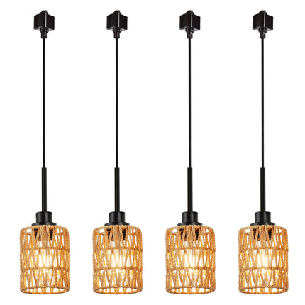 MELUCEE 4 Packs H-Type Track Hanging Light Black Ceiling Track Lighting Fixtures Rattan Pendant Light for Kitchen Island Dining Room Restaurant, Compatible with H Type Track Lighting Rail, E26 Socket