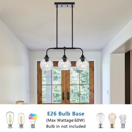 MELUCEE Dining Room Chandeliers with Clear Striped Swirl Glass Shade, 3 Light Black Kitchen Island Lighting Fixtures Ceiling Linear Pendant Light for Kitchen Dining Room Bar, Height Adjustable