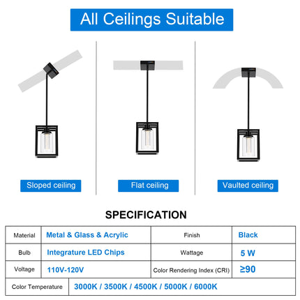 MELUCEE Black Pendant Lights Kitchen Island 1-Light, 5 Color Dimmable Led Pendant Light Ceiling Hanging Over Sink with Crystal Bubble Glass, Modern Integrated LED Hanging Light Dining Room Lighting