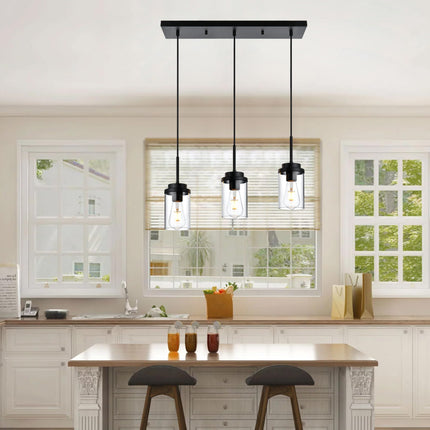 MELUCEE 3 Lights Linear Chandelier Black Finish Kitchen Pendant Lighting Over Island Dining Room Light Fixtures Ceiling Hanging Lamp with Clear Glass Shade, 20.5 Inches Length
