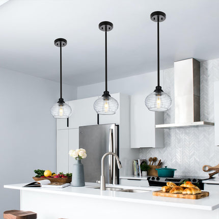 MELUCEE 3 Pack Pendant Lights Kitchen Island with Clear Water Ripple Glass, Modern Mini Chandeliers 1-Light Hanging Ceiling Light for Dining Room Bedroom Hallway, Adjustable Height