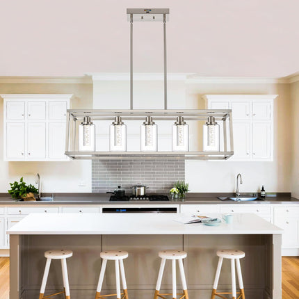 MELUCEE Linear Kitchen Island Lighting Brushed Nickel Led Bubble Crystal Chandeliers for Dining Room, 5 Lights Large Led Pendant Lights with Clear Glass, Built in LED Chips 5-Color Temperature Adjust