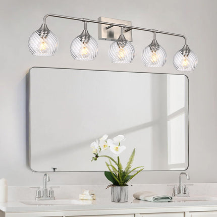 MELUCEE 5-Light Bathroom Lights Over Mirror in Brushed Nickel Finish, Modern Vanity Lights with Clear Striped Swirl Glass Shade Indoor Metal Wall Light Fixtures for Kitchen Powder Room Foyer