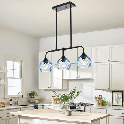 MELUCEE 3-Light Island Lights for Kitchen Island Linear Chandelier Black with Blue Striped Swirl Glass Shade Modern Dining Table Light for Bar Dining Room Kitchen Island Over Sink, Height Adjustable