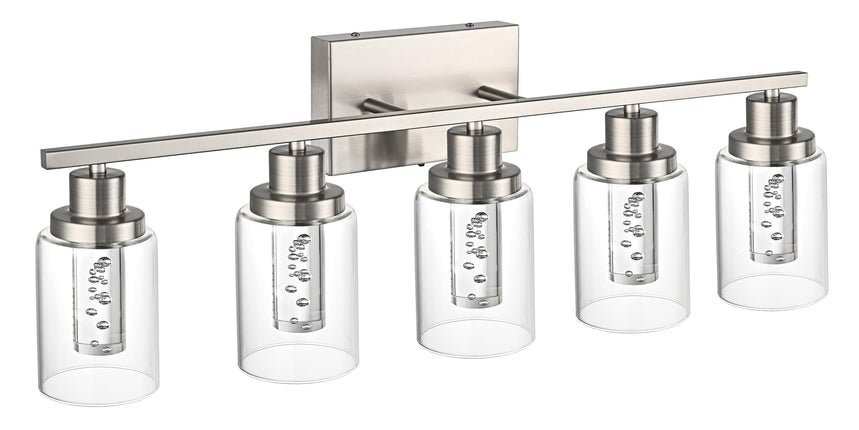 MELUCEE Bathroom Vanity Light Fixtures 5-Light Modern LED Vanity Lights for Bathroom Brushed Nickel with Crystal Bubble Clear Glass Shade, Dimmable Wall Light 3000K-6000K, Built-in LED Chips
