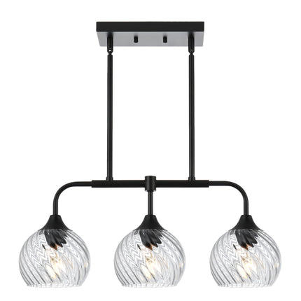 MELUCEE Dining Room Chandeliers with Clear Striped Swirl Glass Shade, 3 Light Black Kitchen Island Lighting Fixtures Ceiling Linear Pendant Light for Kitchen Dining Room Bar, Height Adjustable