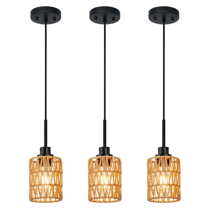 MELUEE Rattan Kitchen Island Pendant Lighting Black 3 Pack Boho Style Rattan Light Fixtures Ceiling Hanging with Hand Woven Rattan Lamp Shade for Bar Dining Room Corridor