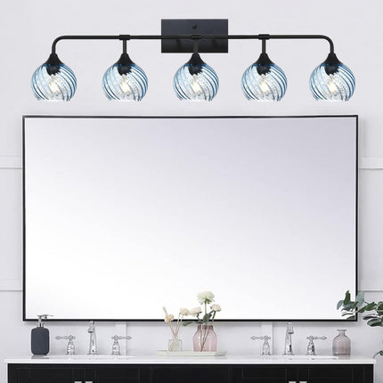 MELUCEE 5-Light Bathroom Light Fixtures 42 Inches, Matte Black Vanity Lights with Blue Striped Swirl Glass Shade, Mid-Century Modern Bathroom Vanity Light Over Mirror