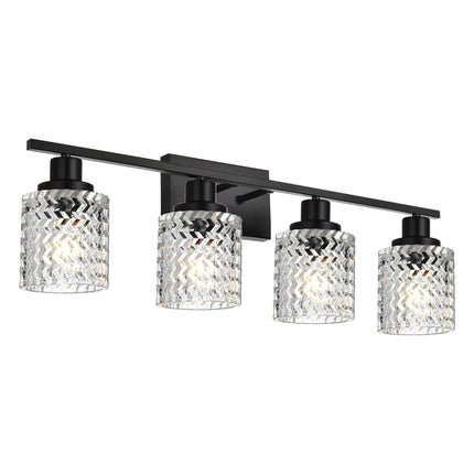 MELUCEE Matte Black Vanity Light 4 Lights Modern Bathroom Light Fixtures with Hammered Glass Shade, Indoor Metal Wall Lights for Powder Room Hallway Kitchen, E26 Base