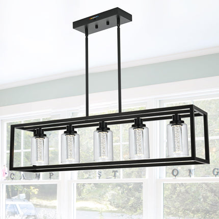 MELUCEE Dining Room Light Fixtures Over Table, 5 Light Black Kitchen Island Lighting LED Pendant Light, Linear Bubble Crystal Chandelier with Clear Glass, Built in LED chips 5-Color Temperature Adjust