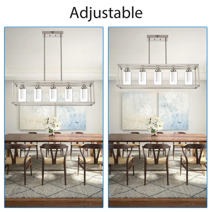 MELUCEE Linear Kitchen Island Lighting Brushed Nickel Led Bubble Crystal Chandeliers for Dining Room, 5 Lights Large Led Pendant Lights with Clear Glass, Built in LED Chips 5-Color Temperature Adjust