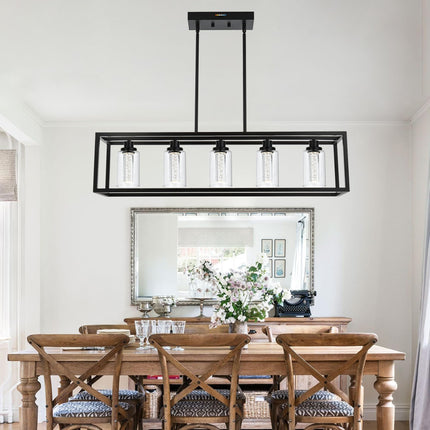 MELUCEE Dining Room Light Fixtures Over Table, 5 Light Black Kitchen Island Lighting LED Pendant Light, Linear Bubble Crystal Chandelier with Clear Glass, Built in LED chips 5-Color Temperature Adjust