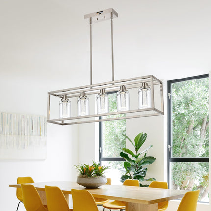 MELUCEE Linear Kitchen Island Lighting Brushed Nickel Led Bubble Crystal Chandeliers for Dining Room, 5 Lights Large Led Pendant Lights with Clear Glass, Built in LED Chips 5-Color Temperature Adjust