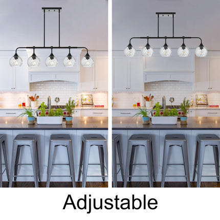 MELUCEE 5-Light Kitchen Island Lighting Linear Chandelier with Clear Striped Swirl Glass Shade, Large Black Pendant Lighting for Dining Room Over Table, Modern Light Fixtures Ceiling Hanging, E26 Base