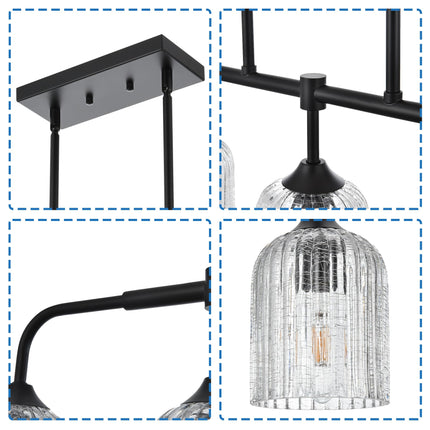 MELUCEE Kitchen Island Lighting Pendant Lights with Crackled Glass Shade, 5-Light Black Dining Room Lights Over Table Pool Table Light Hanging Linear Chandelier for Dining Room Kitchen Island