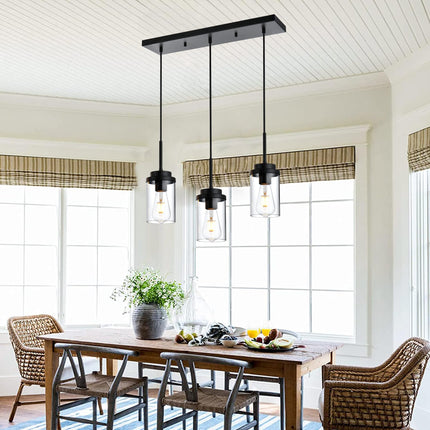 MELUCEE 3 Lights Linear Chandelier Black Finish Kitchen Pendant Lighting Over Island Dining Room Light Fixtures Ceiling Hanging Lamp with Clear Glass Shade, 20.5 Inches Length