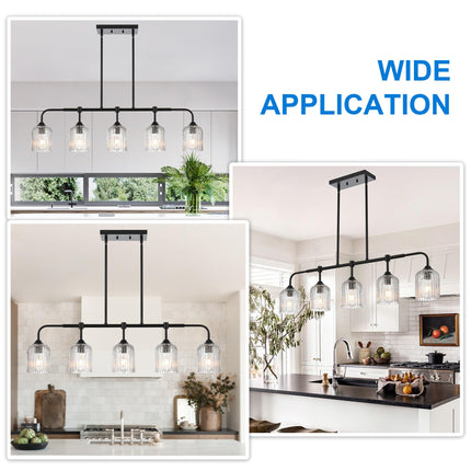 MELUCEE Kitchen Island Lighting Pendant Lights with Crackled Glass Shade, 5-Light Black Dining Room Lights Over Table Pool Table Light Hanging Linear Chandelier for Dining Room Kitchen Island