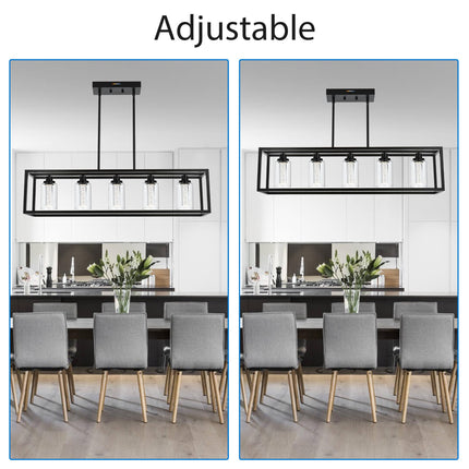 MELUCEE Dining Room Light Fixtures Over Table, 5 Light Black Kitchen Island Lighting LED Pendant Light, Linear Bubble Crystal Chandelier with Clear Glass, Built in LED chips 5-Color Temperature Adjust