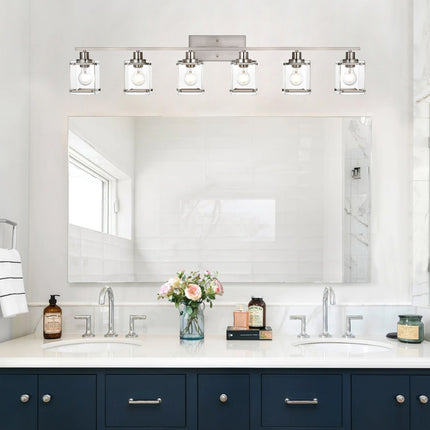 MELUCEE 6-Light Bathroom Vanity Light, Industrial Wall Lights in Brushed Nickel Finish with Rectangular Clear Glass Shade