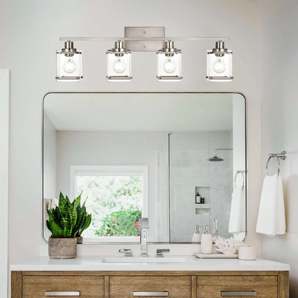 MELUCEE Modern Vanity Light Fixtures, 4-Light Brushed Nickel Bathroom Vanity Lights Over Mirror with Rectangular Clear Glass