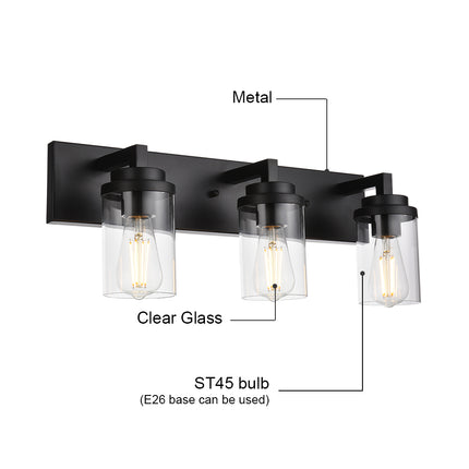 MELUCEE Vintage Bathroom Lighting Fixtures Over Mirror, 3-Light Modern Vanity Lights Black Finish Industrial Wall Sconce with Clear Glass Shade