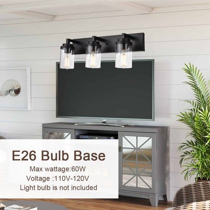 MELUCEE Vintage Bathroom Lighting Fixtures Over Mirror, 3-Light Modern Vanity Lights Black Finish Industrial Wall Sconce with Clear Glass Shade